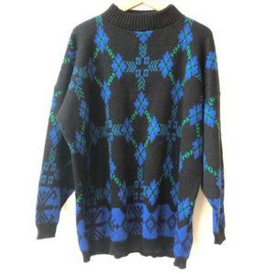 DOMANI Vintage 80's Grandpa Sweater Geometric Diamond Black Blue Women's Medium